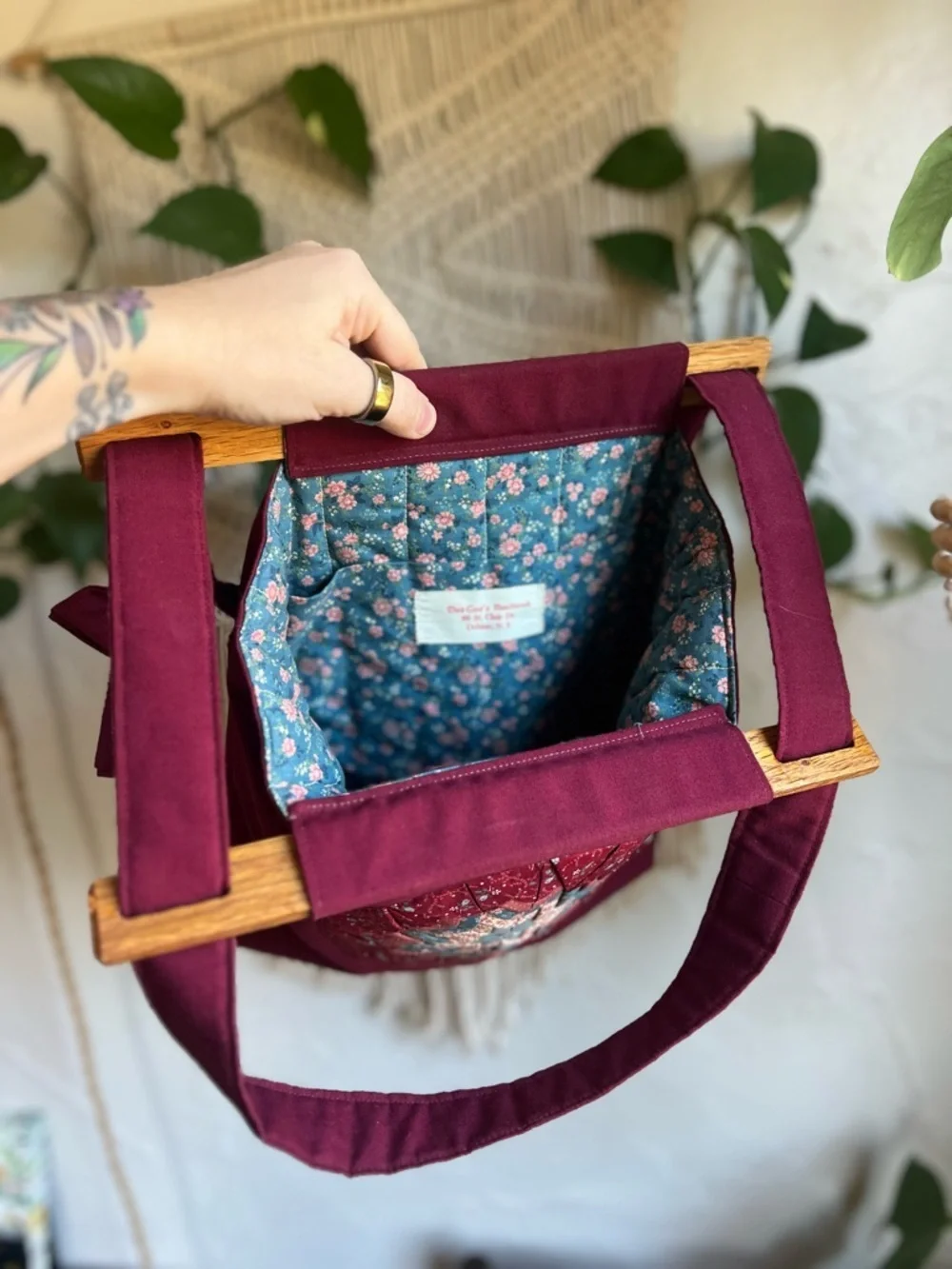 Vintage Handmade Quilted Tote Bag Cottagecore Boho Patchwork Wood Handle